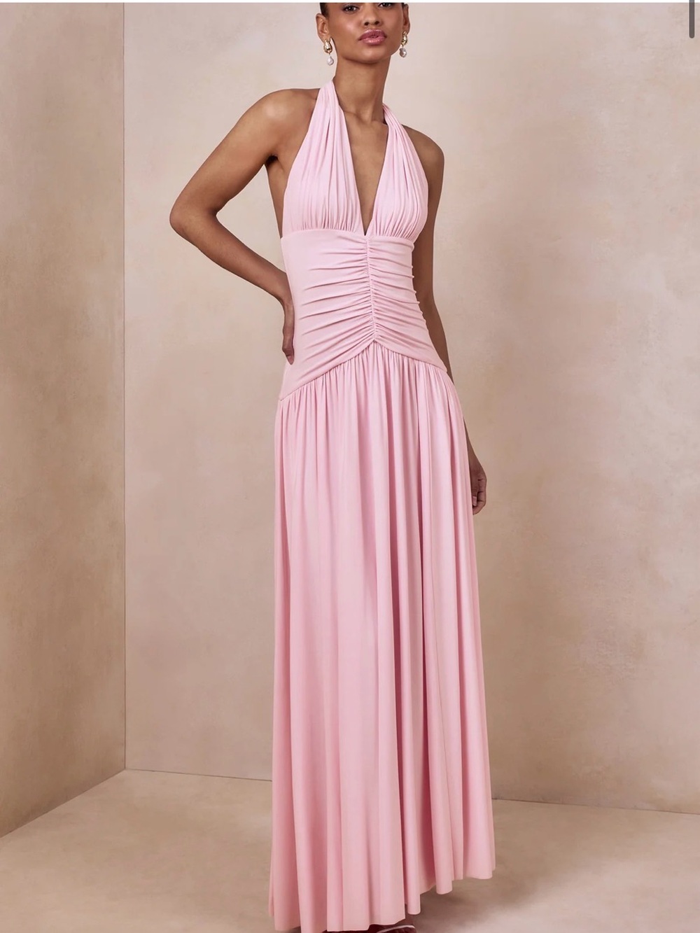 Halter Ruched Maxi Dress in Blush Pink